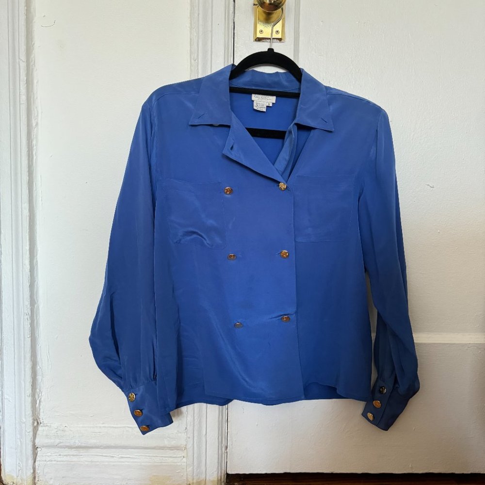 Royal blue 100% silk blouse with gold button details
